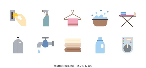 laundry wash clothes icons. flat color style icon set