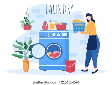 Wäscherei mit Wasch- und Trocknungsmaschinen auf flachem Hintergrund Illustration. Dirty Cloth Lying in Basket und Women sind Waschen Kleidung für Banner oder Poster