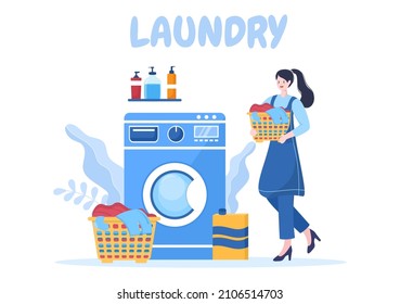 Laundry with Wash and Drying Machines in Flat Background Illustration. Dirty Cloth Lying in Basket and Women are Washing Clothes for Banner or Poster
