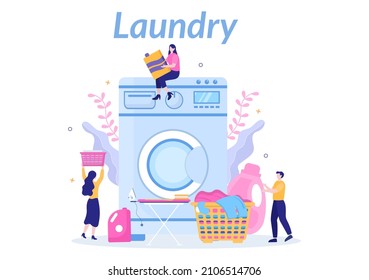 Laundry with Wash and Drying Machines in Flat Background Illustration. Dirty Cloth Lying in Basket and Women are Washing Clothes for Banner or Poster