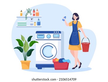 Laundry with Wash and Drying Machines in Flat Background Illustration. Dirty Cloth Lying in Basket and Women are Washing Clothes for Banner or Poster