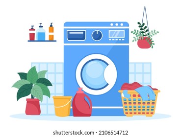 Laundry with Wash and Drying Machines in Flat Background Illustration. Dirty Cloth Lying in Basket and Women are Washing Clothes for Banner or Poster