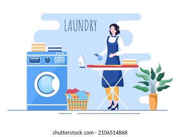 Laundry with Wash and Drying Machines in Flat Background Illustration. Dirty Cloth Lying in Basket and Women are Washing Clothes for Banner or Poster