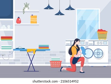 Lavandería con lavadoras y secadoras en fondo plano Ilustración. Ropa sucia en la cesta y las mujeres lavan ropa para pancarta o afiche