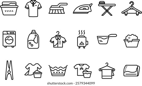 "Laundry and Wash Icon Set - Linear Outline Vector Collection"