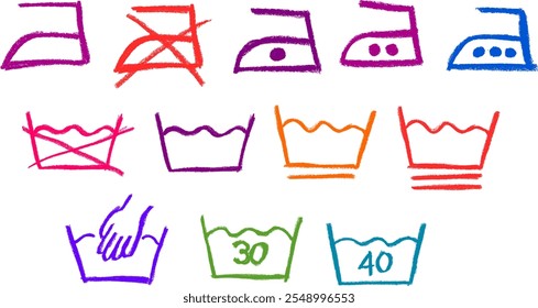 Laundry Wash Symbols Icon Crayon Chalk Drawing Vector Set