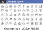 Laundry and Wash vector line icon set. Contains linear outline icons like Washer, Detergent, Clean, Machine, Dryer, Shirt, Iron, Hanger, Clothes, Softener. Editable use and stroke.