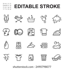 Laundry and Wash vector line icon set.