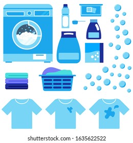 Laundry washer machine, powder, liquid, capsule powder, measuring spoon, clean, dirty shirt, basket of dirty linen, stack of clean linen, bubbles, conditioner, bleach flat vector set isolated on white