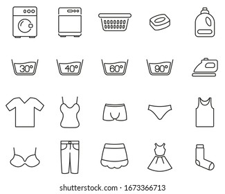 Laundry Or Washing Clothes Icons Black & White Thin Line Set Big