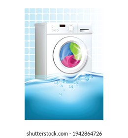 Laundry Washing Clothes Service Banner Vector. Washing Machine Household Electronic Device Drying Clothes And Water Wave With Bubbles. Electrical Automatical Equipment Template Illustration