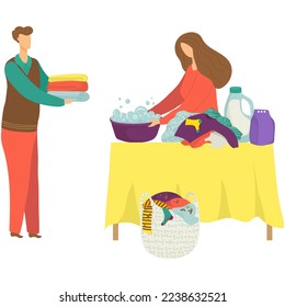 Laundry and washing clothing at home, domestic housework vector illustration. Mother housewife with father and daughter.