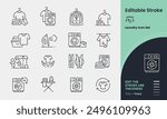 Laundry and Washing Icon collection containing 16 editable stroke icons. Perfect for logos, stats and infographics. Edit the thickness of the line in any vector capable app.