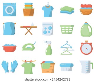 Laundry and washing icon set, flat design elements, dry cleaning service vector illustration