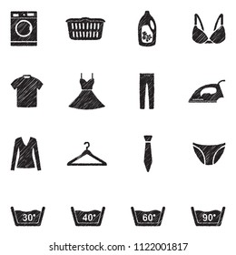 Laundry Washing Icons. Black Scribble Design. Vector Illustration.