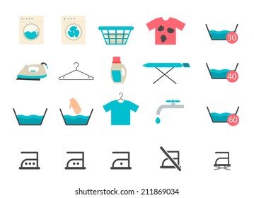 Laundry and washing icons in flat style, vector illustration