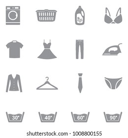 Laundry Washing Icons. Gray Flat Design. Vector Illustration. 