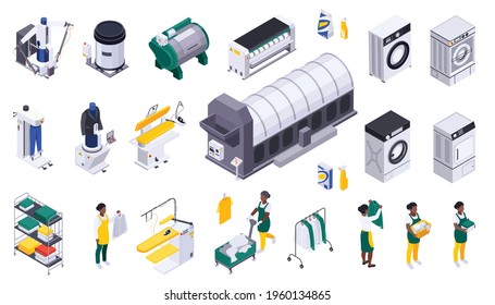 Laundry washing isometric composition with isolated icons of washing machines skirt boards with iron and workers vector illustration