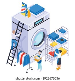 Laundry washing isometric composition with small human characters icons of clothes on shelves with washing machine vector illustration