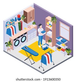 Laundry washing isometric composition with view of room with washing machines detergents and female housemaid character vector illustration