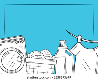 laundry washing machine detergent and clothes blue background vector illustration line style