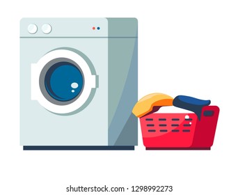 Laundry washing machine and dirty clothes basket vector laundromat service electric appliance household chore cleanliness and hygiene cleaning and housework clothing and linen isolated object