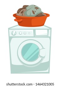 Laundry washing machine and dirty clothes in basin vector laundromat service electric appliance household chore cleanliness and hygiene, cleaning and housework clothing and linen shirts and towels