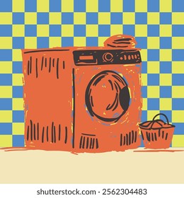 laundry washing machine illustration with checkered background in bold pop art hand drawn style