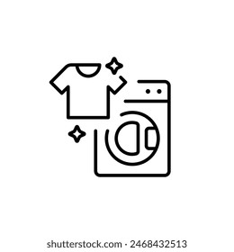 Laundry. Washing machine and T-shirt linear icon. Cleaning line customizable illustration. Contour symbol. Vector isolated outline drawing. Editable stroke