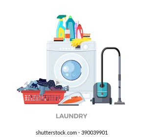 Laundry washing machine, vacuum and detergents. Basket, detergent and cleaner cloth. vector illustration