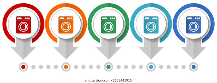 Laundry, washing machine, washer, vector icon set, flat design infographic template, set pointer concept icons in 5 color options for webdesign and mobile applications