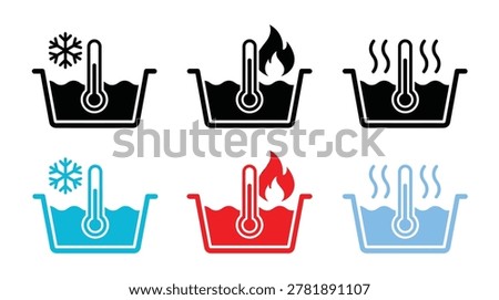 Laundry washing temperature settings collection set in simple signs, cold water, hot, warm, extreme heat, and sanitization.