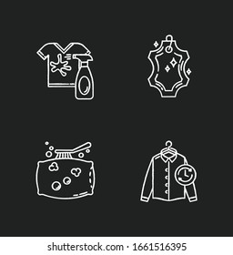 Laundry, washing types chalk white icons set on black background. Leather dry cleaning and stain removal, express laundry and pillow cleaning. Clothing care. Isolated vector chalkboard illustrations
