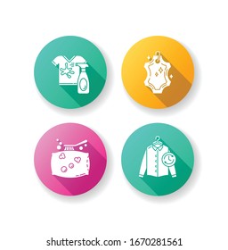 Laundry, washing types flat design long shadow glyph icons set. Leather dry cleaning and stain removal, express laundry and pillow cleaning. Clothing care services. Silhouette RGB color illustrations
