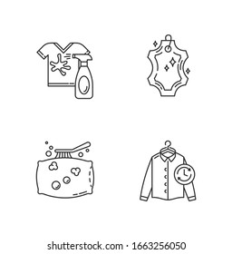 Laundry, washing types pixel perfect linear icons set. Dry cleaning and stain removal, express laundry. Customizable thin line contour symbols. Isolated vector outline illustrations. Editable stroke