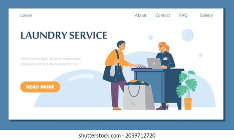Laundry web banner mockup with customer bringing clothes for washing and cleaning, flat vector illustration. Professional service of washhouse and chemical dry cleaning.