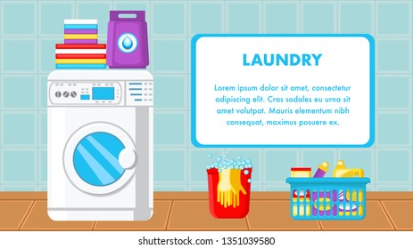 Laundry Web Banner Vector Template with Text Space. Washing Machine in Bathroom. Washing Powder, Detergent Package. Household Chemicals in Basket. Gloves in Bucket with Soap Bubbles. Stack of Towels