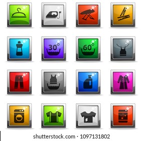 laundry web icons in square colored buttons for user interface design