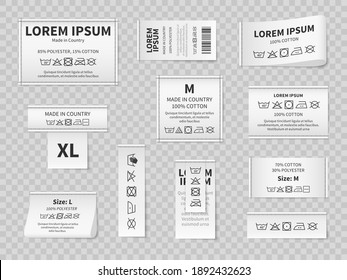 Laundry white labels. Textile care instructions tags, cotton clothes washing, drying or bleaching, water temperature and material information vector realistic isolated on transparent background mockup - Shutterstock ID 1892432623