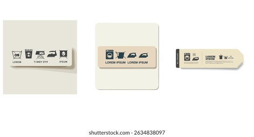 Laundry white labels. Textile care instructions tags, cotton clothes washing, drying or bleaching, water temperature and material information vector realistic isolated on transparent background mockup