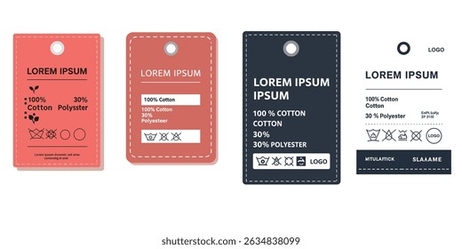 Laundry white labels. Textile care instructions tags, cotton clothes washing, drying or bleaching, water temperature and material information vector realistic isolated on transparent background mockup
