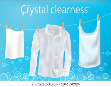 Laundry, white things on rope, bubbles, shirt, tank top, crystal clear, vector, banner