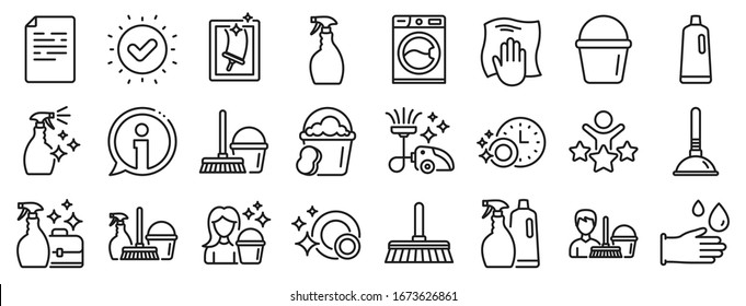 Laundry, Window sponge and Vacuum cleaner icons. Cleaning line icons. Washing machine, Housekeeping service and Maid cleaner equipment. Window cleaning, Wipe off, laundry washing machine. Vector