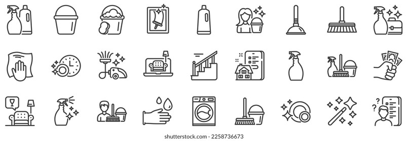 Laundry, Window sponge and Vacuum cleaner icons. Cleaning line icons. Washing machine, Housekeeping service and Maid cleaner equipment. Window cleaning, Wipe off, laundry washing machine. Vector