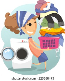 Laundry Woman daily life chores laundry day washing clothes, vector illustration cartoon.