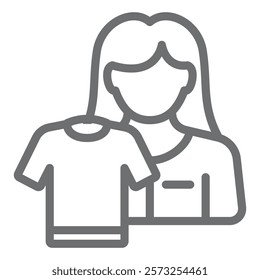 Laundry worker and clean shirt line icon, laundry service concept. Vector graphics. Shirt and woman, washing clothes sign on white background, outline style icon for mobile or web design