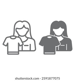Laundry worker and clean shirt line and solid icon, laundry service concept. Vector graphics. Shirt and woman, washing clothes sign on white background, outline style icon for mobile or web design