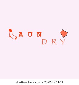 Laundry writing with L replaced by socks and floating clothes indicating wet clothes. Vector Illustration. With pink background and orange writing