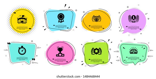 Laureate, Arena and Laureate medal line icons set. Chat bubbles with quotes. Success, Winner podium and Sports stadium signs. Timer symbol. Award shield, Sport stadium. Sports set. Vector