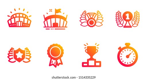 Laureate, Arena and Laureate medal line icons set. Success, Winner podium and Sports stadium signs. Timer symbol. Award shield, Sport stadium. Sports set. Gradient laureate icons set. Vector